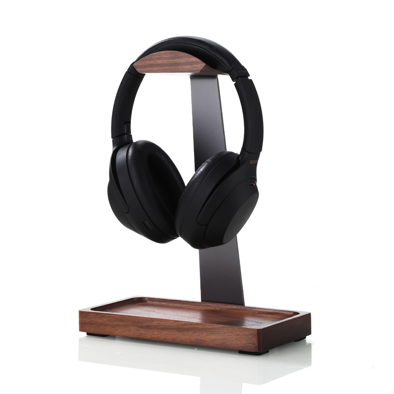 NIRVASH Walnut Headphone Stand, Wooden Headset Stand for Desk, Wood Gaming Headphone Holder with Storage Base for Airpod max, Bose, Razer, Sennheiser,