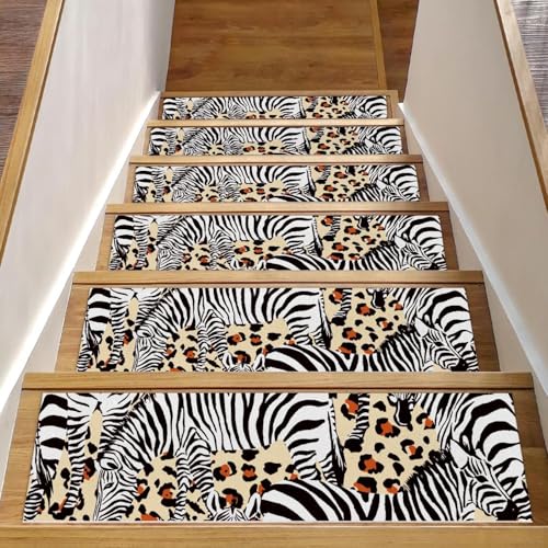 Alfombra para escaleras con estampado de cebra para proteger peldaños de madera interiores con niños 2