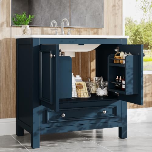 Image of Tribesigns 30 inch Bathroom Vanity with Sink, Freestanding Bathroom Vanities Cabinet with Ceramic Basin Combo, Bathroom Sink Cabinet with 2 Doors and 1 Drawer, Solid Wooden Frame (Misty Blue, 30 INCH)