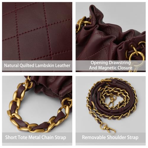 Image of DORIS&JACKY Small Top Handle Bucket Bag, Designer Lambskin Drawstring Crossbody Purse with Chunky Chain Tote Strap