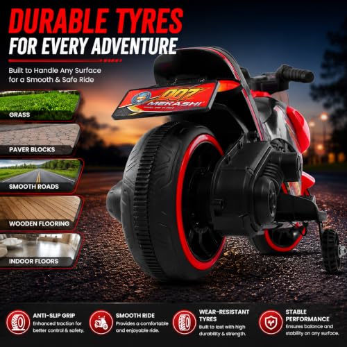 Image of MEKASHI 6V Electric Ride-On Bike for Kids with Bluetooth Music (Red) | Realistic styling with LED headlight, rechargeable battery & smooth ride performance for toddlers aged 1-4 years
