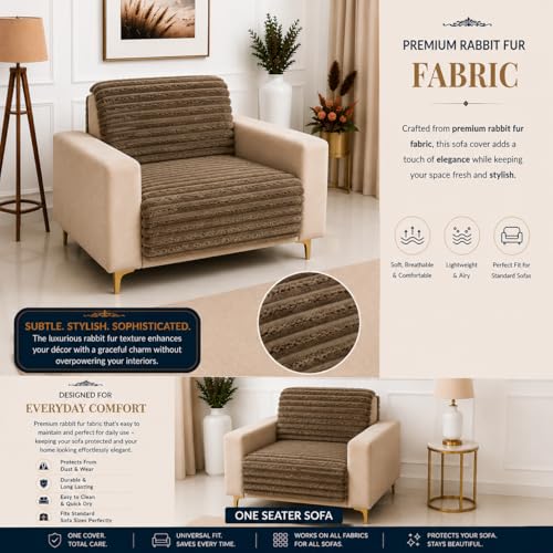 Image of Homerz Premium Rabbit Fur Sofa Cover with Anti-Skid Backing, Soft Plush Fabric Sofa Protector for Living Room Furniture (Coffee, 1 Seater, Seat Cover with Backrest)