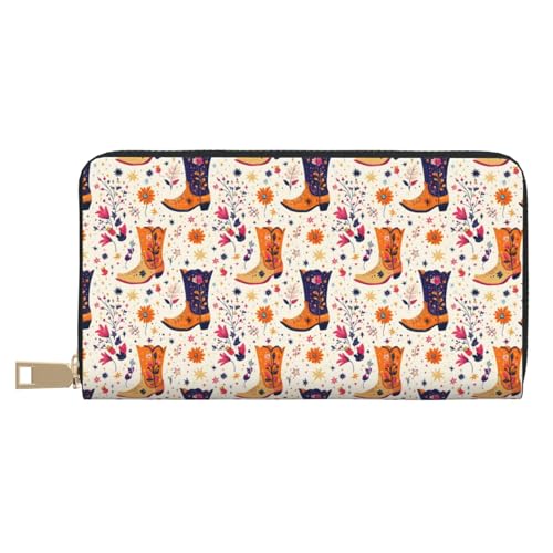 Floral Cowboy Boots Print Wallet Women, Leather Bifold Multi Card Wallet, Long Purse Women's Wallets