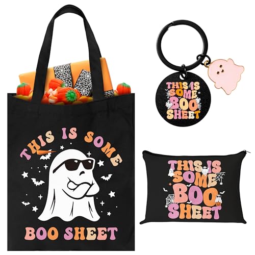 Halloween Ghost Canvas Bags - 3Pcs This Is Some Boo Sheet Funny Canvas Cosmetic Pouch Tote Bag Keychain, Reusable Grocery Fold Shopping Bag, Halloween Boo Basket Ghost Gift for Party Birthday