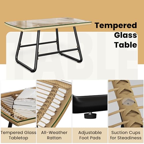 Yaheetech 4 Piece Patio Furniture Set, Outdoor Wicker Conversation Sets, Boho Loveseat & 2 Armchairs with Cushion and Pillow, Glass Top Table for Backyard, Porch, Balcony, Deck - Tan/Cream