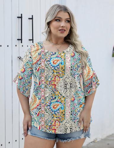 Image of Micoson Womens Plus Size Tops 3 /4 Ruffle Sleeve Crewneck Pleated Shirts