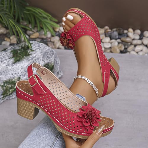 Buckled Square Heel Sandals for Women,Dressy Peep Toe Slingback Chunky Low Heeled Wedge Shoes Sandals4