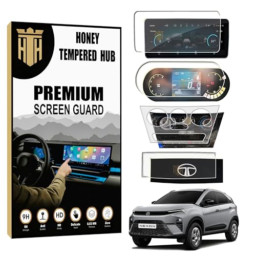 Image of (4 PACK) Screen Guard For TATA NEXON 2026 FACELIFT - 10.25 INCH INFOTAINMENT (Round Corners) + 4 INCH INSTRUMENT CLUSTER + DIGITAL STEERING + AC CONTROL MANUAL BUTTON PROTECTOR / Fit for PURE PLUS / PURE PLUS S / SMART+S CNG / Anti Scratch Car TouchScreen Display Guard | New TataNexon 2026 Accessories [Not Tempered Glass] (NEXON 2026-1)