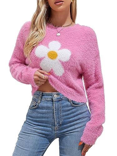 Image of ZAFUL Women's Halloween Knit Sweater Crew Neck Pumpkin Print Pullover Long Sleeve Casual Loose Jumper Crop Tops