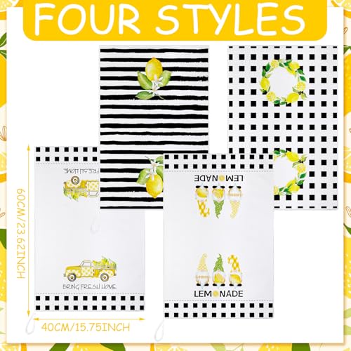 Bencailor 4 Pcs Lemon Kitchen Towels Lemonade Dish Towels Gnome Black and White Decorative Hand Tea Dishcloths with Hanging Loop for Home Housewarming Gift Kitchen Decor Accessories