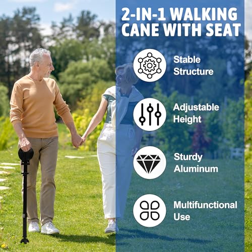Image of Walking Cane with Seat, Cane Chair with Cushion Folding Lightweight Portable Seat for Adults Seniors Camping Hiking Travelling
