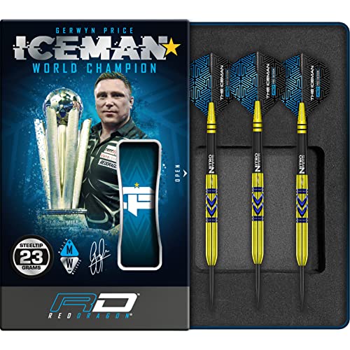 RED DRAGON Gerwyn Iceman Price Avalanche Pro Gold 23 Gram Premium Tungsten Darts Set with Flights and Stems