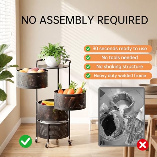 Image of JAQ Rotating Kitchen Storage Rack No Assembly, 4-Tier Metal Storage Tower Basket Shelves Organizer on Rolling Wheels with Removal Drawers for Fruit Vegetable Grocery (4-Tier, Black, Corner Shelf)