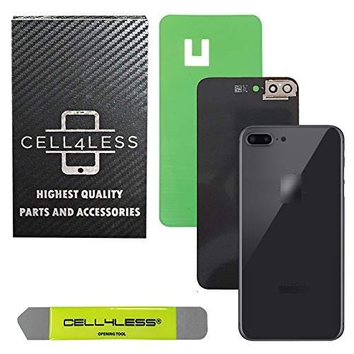 Cell4less Back Glass Cover OEM Battery Door Replacement w/Adhesive, Installed Camera Frame w/Lens & Removal Tool for Apple iPhone 8 Plus (Space Grey 8+)