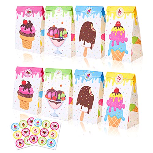 Summer Ice Cream Treat Bags Ice Cream Paper Gift Bag Candy Treat Bags for Kids Birthday Ice Cream Theme Party Decoration,Sweet Themed Goodie Bags with 12PCS Ice Cream Bags and 12 Stickers