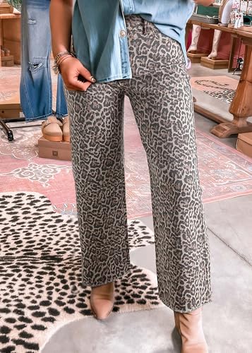 Women's Leopard Printed Straight Leg Jeans High Waisted Stretchy Boyfriends Wide Leg Denim Pants Trendy 20252