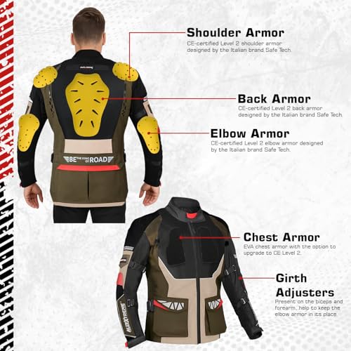 Image of Allextreme RALLY Unisex Motorcycle Touring Riding Jacket Polyester & Mesh Fabric with Abrasion Resistance Impact Protection Back Elbow Shoulder CE Lvl 2 Certified Armour Chest for Bikers (S, O Green)