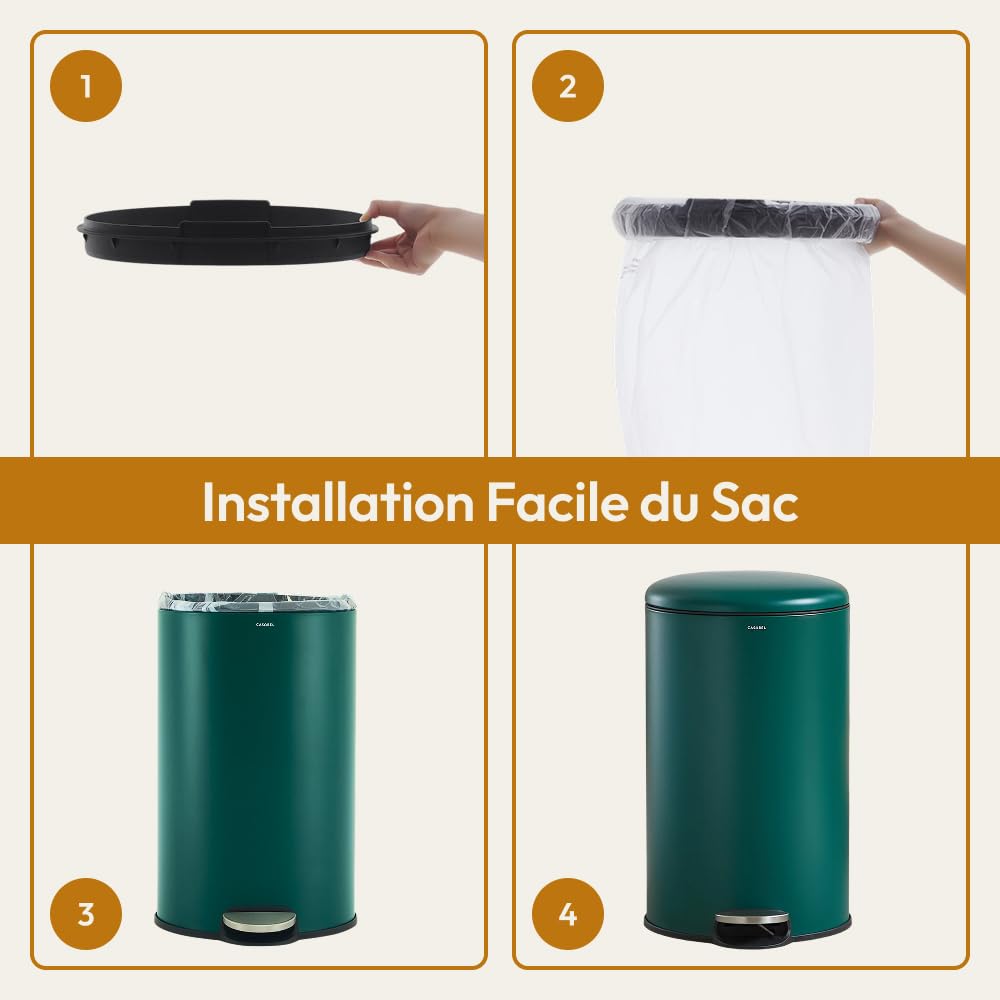 CASABEL Poubelle Cuisine Ronde 50L, Acier Inoxydable, Vert | Ouverture à pédale, Fermeture douce, Acier inox anti-traces, Anneau maintien du sac, Poignée de transport, Entretien facile