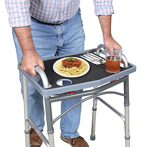 Support Plus Walker Tray Table - Mobility Accessory with Non-Slip Mat, Cup Holders Fits Most Standard Walkers (21"x16") - Gray