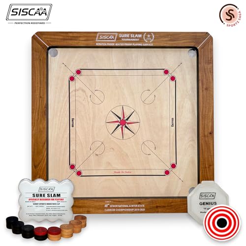 Image of Siscaa Tournament Sureslam Carrom Board - Premium Indian Ply - Includes Sure Slam Coin, Genius Striker, Top Cover, 30gm Powder - Siscaa Carrom Board Full Size 35 inch for Champions