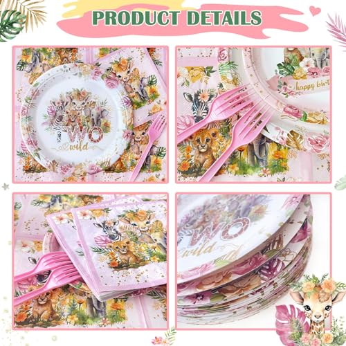 Hombae Two Wild Birthday Supplies Girl Tableware Set, Two Wild Birthday Party Decorations, 2nd Birthday Decorations Girl, Jungle Wild Second Theme Plates Napkins Forks Serves for 24 Guests