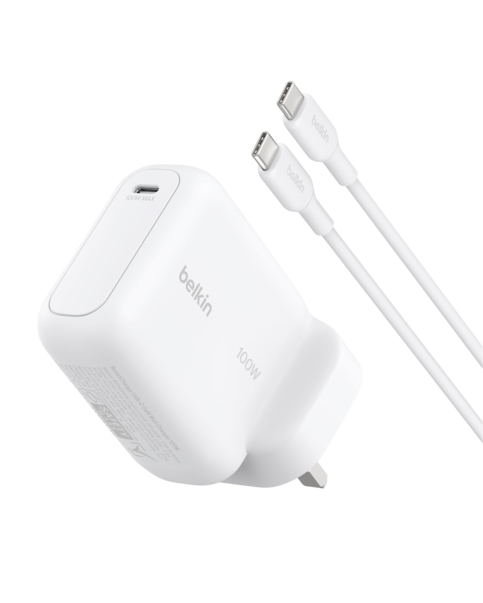 Belkin BoostCharge USB C Plug Charger, 100W GaN Fast Charging for iPhone 17, Samsung Galaxy S26, Pixel 10, AirPods, Tablet, MacBook - 1.5 m USB C Cable Included - Travel Essentials - White