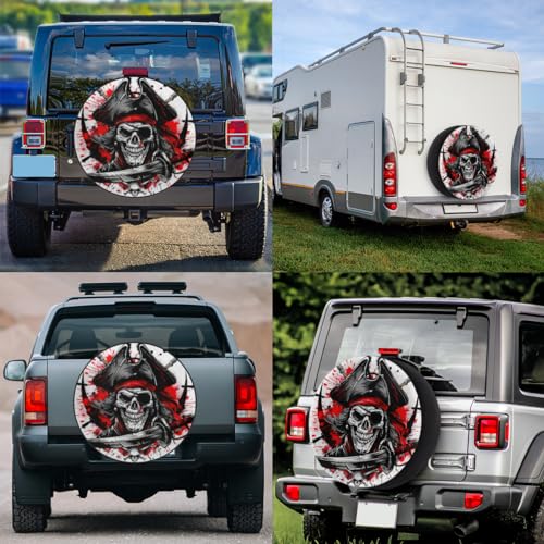 Image of Spare Tire Cover for RV Trailer, Skull Pirate Tire Covers Universal Fit for Travel Trailer Camper Jeep RV SUV Truck Waterproof Wheel Cover (17 inch for Diameter 31 inch - 33 inch)