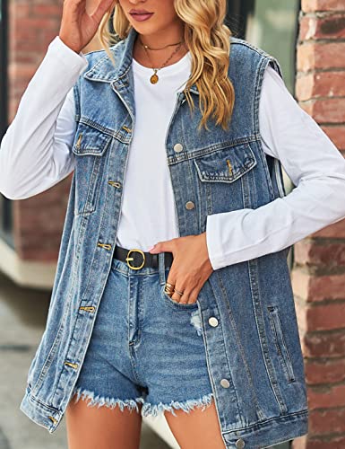 Denim Jean Vest for Women Oversized Sleeveless Mid Long Button Down Denim Waistcoat2