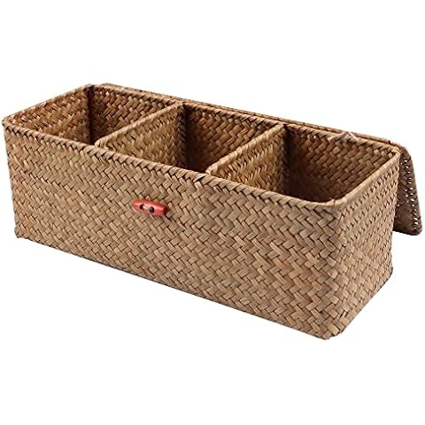 FEILANDUO 3-Section Wicker Baskets for Shelves… (Natural 3 Sections with Lid) Cover