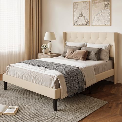 Xbro Cama Tapizada 140x200 cm con Cabecero Acolchado y Somier de Lamas de Madera, Cama Doble Estable con Almacenaje, Montaje Fácil