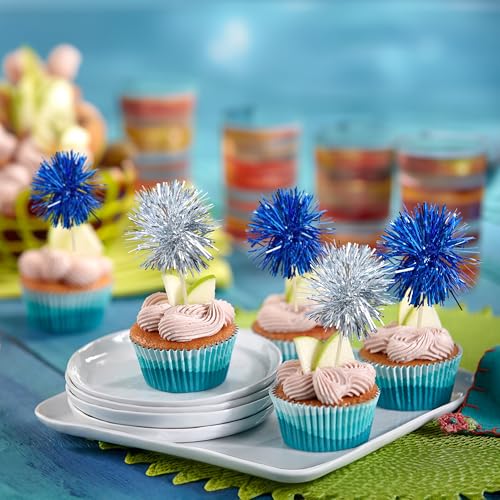 Gyufise 30Pcs Foil Firework Cupcake Toppers Sparkle Tinsel Cake Toppers Tinsel Drink Cake Decoration Cocktail Picks for Birthday Wedding Graduation Party Supplies Silver Dark Blue - Image 3