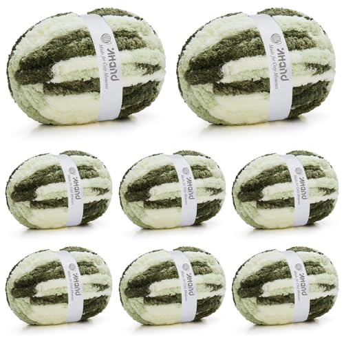 Image of Inhand Chunky Chenille Yarn for Hand Knitting, Thick Bulky Blanket Yarn for Crocheting, Soft Fluffy Yarn for Crochet Gifts & Crafts for Women /Beginners, 8 Pack (29.5 yds /8.4 oz Each), Green-Mix