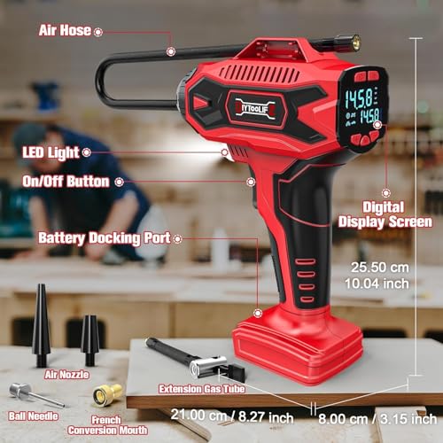 Image of DIYtoolifz 160PSI Tire Inflator Compatible with Milwauke 18V Battery | Portable Air Compressor Cordless Air Pump with Digital Pressure Gauge for Cars, SUV, Motorcycles, Bikes, Balls (Tool Only)
