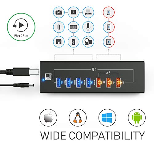 Latorice Powered Usb Hub - Multi-Port Usb Hub With 7 Usb 3.0 Ports, 3 Fast Charging Usb 3 0 Ports, With Cords C And A, Power Usb Hub Adapter #TOP1
