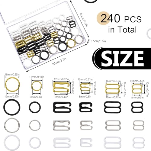 WILLBOND 240 Pcs Swimsuit Bra Strap Hooks Bra Strap Slide Rings Replacement Slider for Swimsuit Tops and Lingerie, 3 Styles, 2 Sizes2