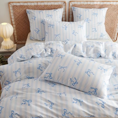 Image of Bow Duvet Cover King Size Blue Striped Bowknot Bedding Set Kids Girls Cute Bows Vertical Stripes Soft Breathable Microfiber Comforter Cover Set with Zipper Closure and 2 Pillowcases