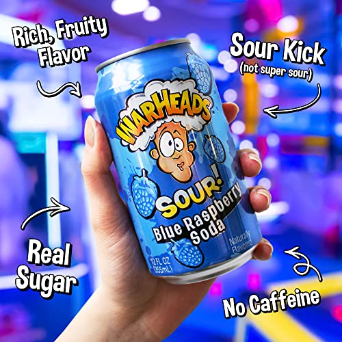 Warheads Sour Fruity Soda with Classic Warheads Flavors – Perfectly Balanced Sweet and Sour Soda - Warheads Candy Throwback Treat, Soda, Cocktail Mixer, Pack of 12, 12oz Cans (Blue Raspberry)
