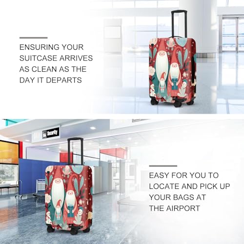 Image of Gnome Luggage Cover - Red Background with Santa's Helpers, Trees and Snowmen, Elastic Holiday Travel Case for 28 30 Inch Bag