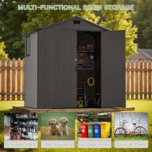 Image of Greesum 6x4FT Plastic Outdoor Storage Shed with Floor, Resin Sheds with Lockable Double Door, Tool Sheds with Vents and Window, for Garden, Backyard, Patio, Dark Gray