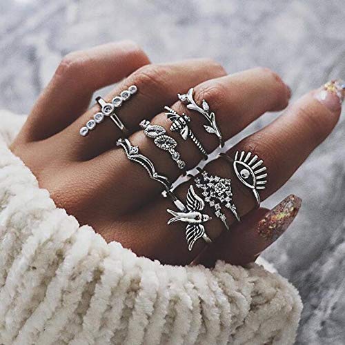 YERTTER Men 9 pcs Vintage Silver Ring Set Bird Bee Rings Set Cross Rings Set Joint Knuckle Ring Set Finger Rings Stackable Retro Mid Rings for Women and Girls