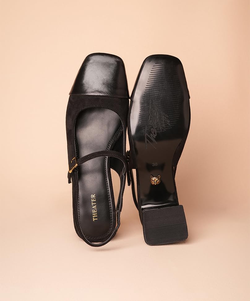 Image of Theater Women Twiggy Mary Jane Block Heel Sandals with Square Toe and Adjustable Buckle Slingback | Cushioned Comfort for Office & Formal Wear