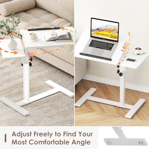 Image of Laptop Desk Bedside Table with Wheels Laptop Stand for Couch Adjustable Tv Tray C End Table, Mobile Sofa Snack Table with Tiltable Top, White