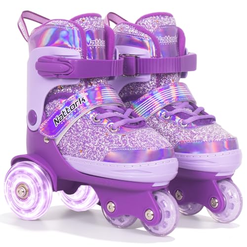 Nattork Toddler Roller Skates for Girls 4 Adjustable Sizes Tri-Wheel Skates for Beginner Kids with Light-Up Wheels for Indoor Outdoor Sports