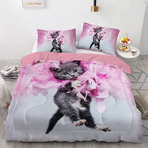 Yasida Cat Comforter Twin, Cat Bedding Set Twin Size For Kids, Cat Comforter Set For Girls And Boys, Pink Feathers Black Cat 3Pcs( 1Comforter+ 2 Pillowcases) Lovely Animal Pets Duvet Set #TOP2