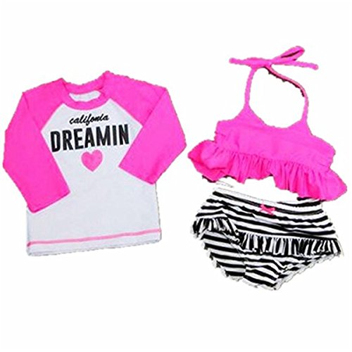 Baby Girls Kids Toddler 3Pcs Long Sleeve Stripe Ruffle Children Layered Bikini Swimwear Swimsuit (1-2 Years, Red)