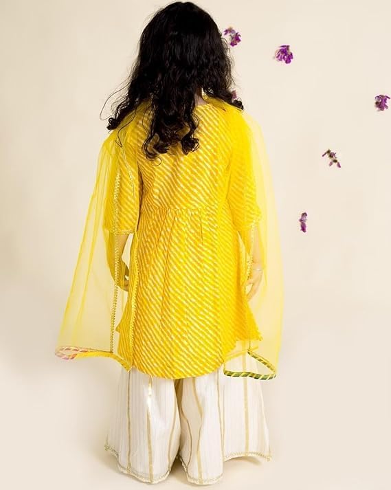 Image of Naixa Girl's Rayon Chanderi Yellow White Solid Printed Top With Sharara and Dupatta 3 /4 Sleeve | Kurta Sharara Set For Girl's