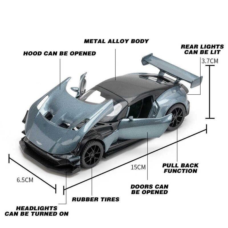 Image of Model Car Exclusive Alloy Metal Pull Back Die-cast Car Metal Pullback Toy car with Openable Doors & Light Music Best Gifts Toys Kids (1:32 Scale Aston Martin Vulcan - Grey)