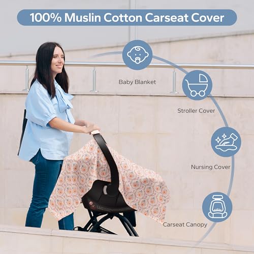 Image of SERAPHY Muslin Car Seat Cover Baby, Universal Carseat Covers Baby Girl Boy | 100% Muslin Cotton, Universal Fit, Breathable, Soft Infant Car Seat Canopy, For Boys and Girls, Sun & Wind Protection