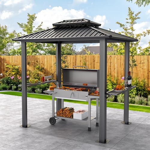 Hoteel 6x8 Hardtop Grill Gazebo, Outdoor Patio BBQ Gazebo with Galvanized Steel Double Roof, Hardtop Barbecue Canopy with 2 Side Shelves for Deck Lawn Backyard Garden,Black