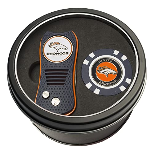 Team Golf NFL Denver Broncos Tin Golf Chip Gift Set with Retractable Divot Tool and Chip, Includes 2 Double-Sided Enamel Ball Markers, Patented Design, Less Damage to Greens